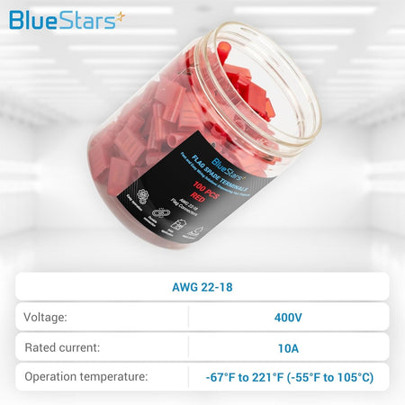 Clear plastic jar filled with 100 pieces of red female flag spade terminals for AWG 22-18 wiring.
