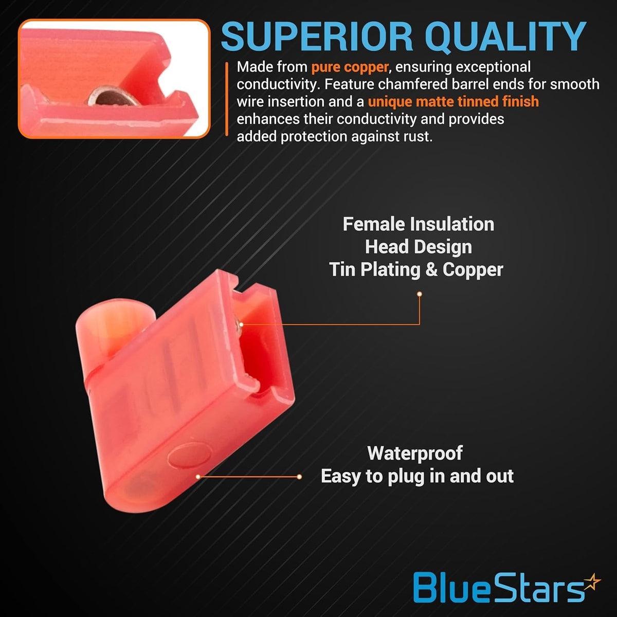 Close-up of a red female flag spade terminal showing copper construction and insulated design.