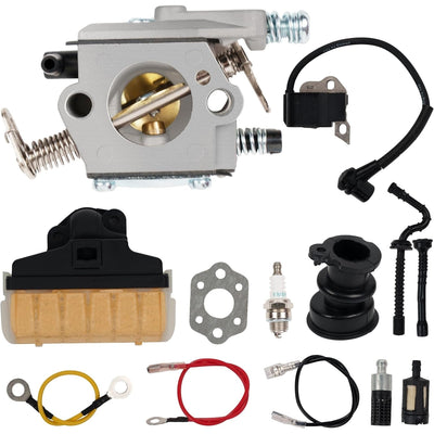 Carburetor tune-up kit for Stihl MS210, MS230, and MS250 chainsaws including carburetor, ignition coil, and accessories.
