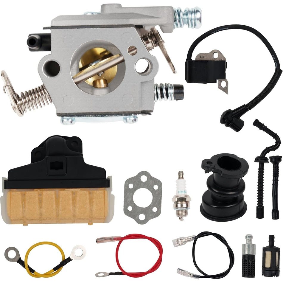 Carburetor tune-up kit for Stihl MS210, MS230, and MS250 chainsaws including carburetor, ignition coil, and accessories.
