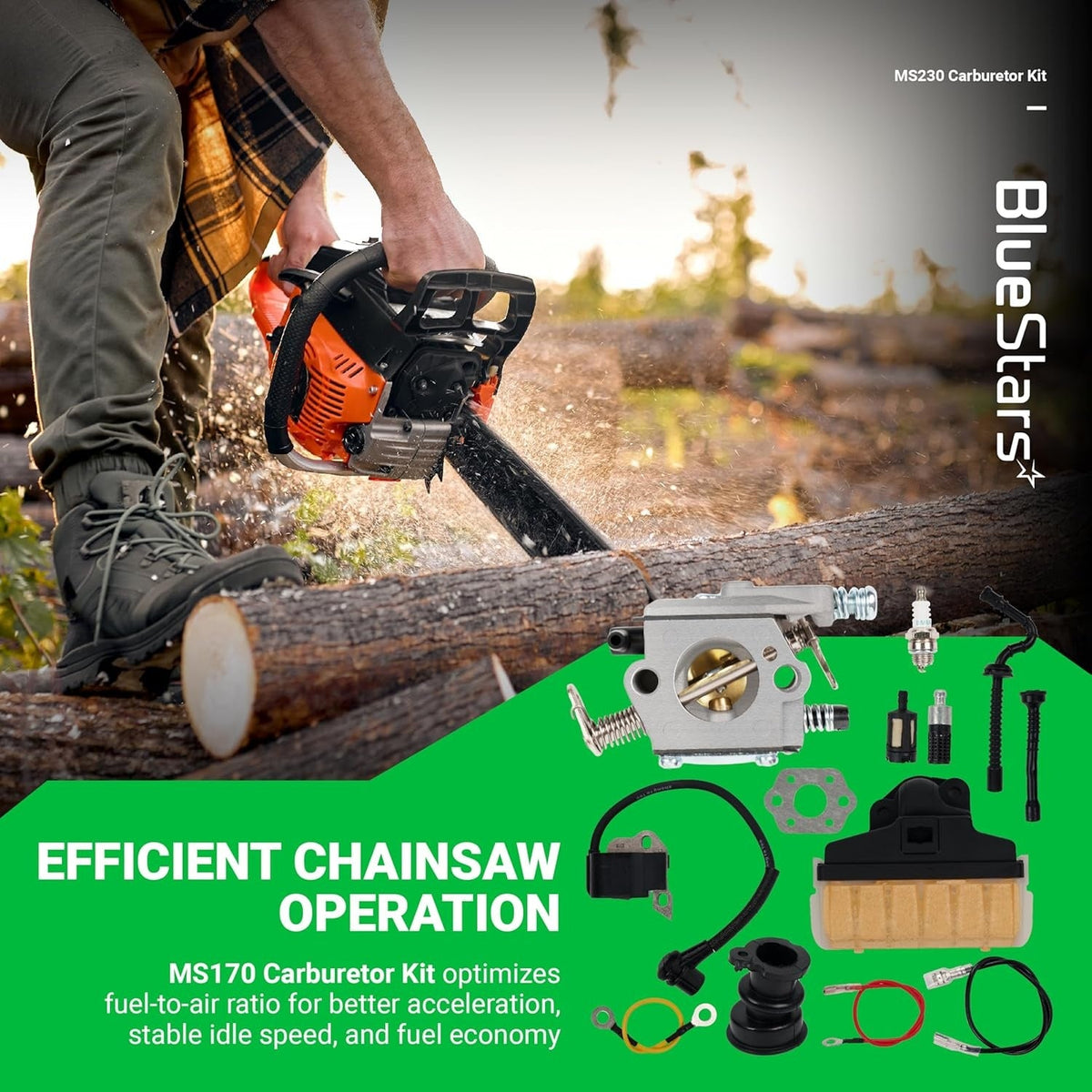 Stihl MS230 MS250 chainsaw carburetor tune-up kit including carburetor, air filter, ignition coil, and fuel components.