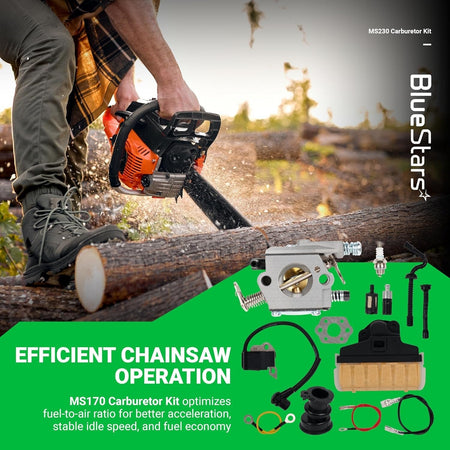 Stihl MS230 MS250 chainsaw carburetor tune-up kit including carburetor, air filter, ignition coil, and fuel components.
