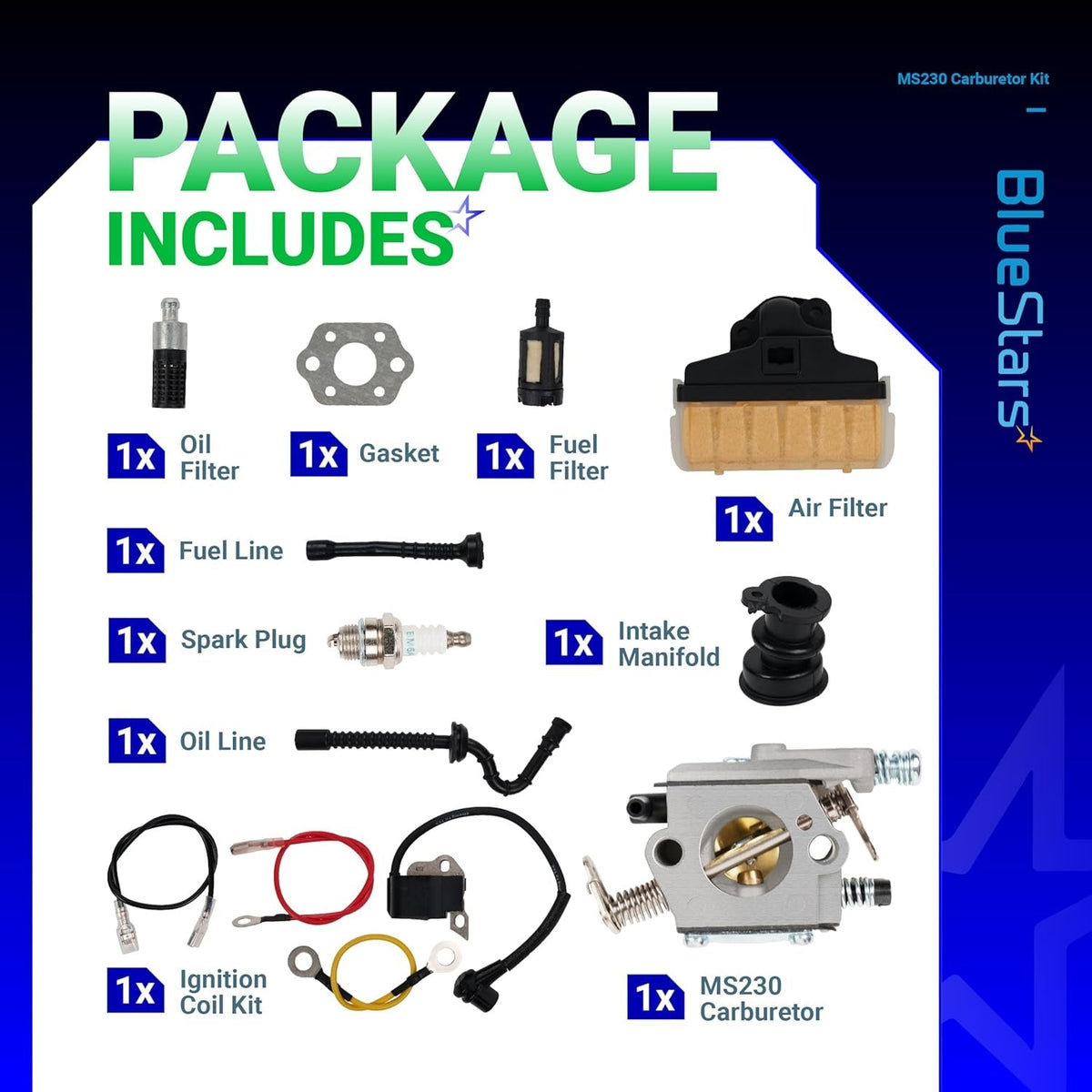 BlueStars MS230 MS250 chainsaw carburetor tune-up kit components including air filter, ignition coil, and fuel lines.