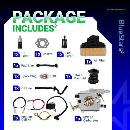 BlueStars MS230 MS250 chainsaw carburetor tune-up kit components including air filter, ignition coil, and fuel lines.