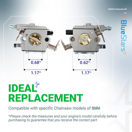 Replacement carburetor for Stihl MS230 MS250 chainsaws showing side-by-side dimensions and technical measurements.