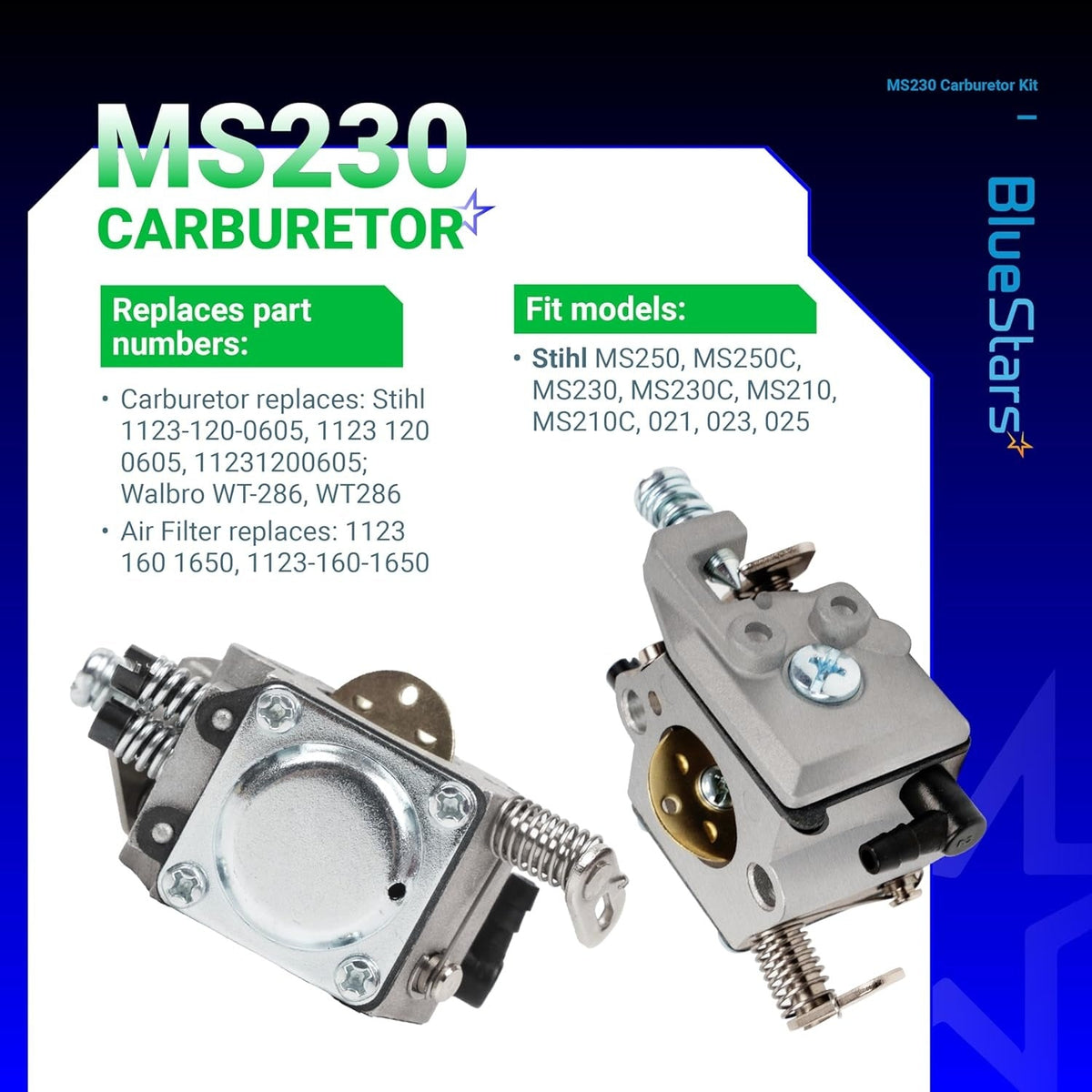 Replacement carburetor for Stihl MS210, MS230, and MS250 chainsaws shown from two different angles.