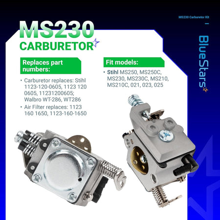 Replacement carburetor for Stihl MS210, MS230, and MS250 chainsaws shown from two different angles.