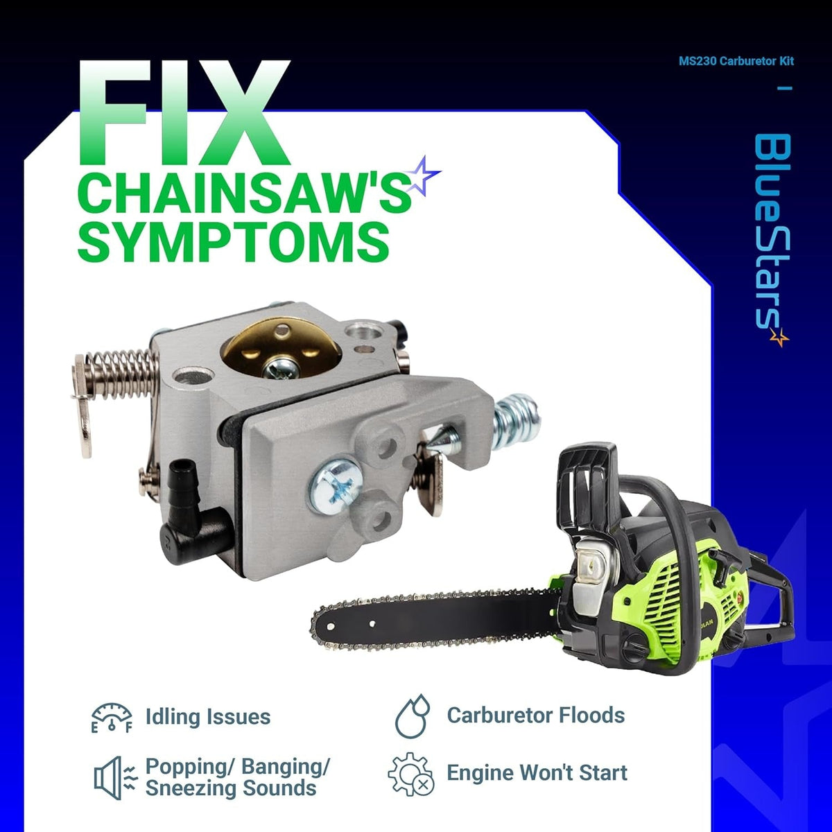 Replacement carburetor for Stihl MS210, MS230, and MS250 chainsaws shown with troubleshooting icons.