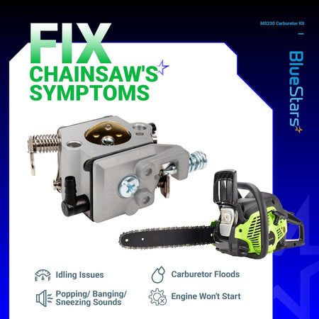 Replacement carburetor for Stihl MS210, MS230, and MS250 chainsaws shown with troubleshooting icons.