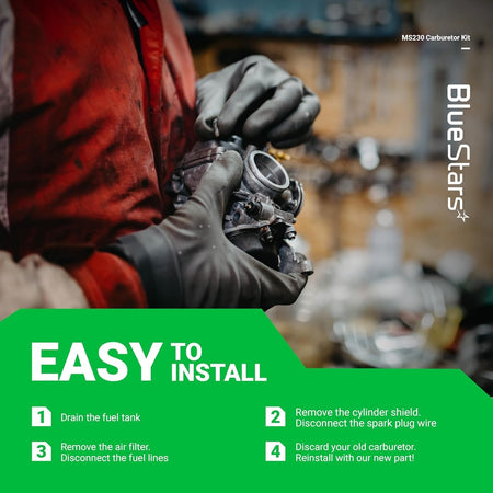 Instructional graphic showing easy installation steps for a Stihl MS230 MS250 chainsaw carburetor tune-up kit.