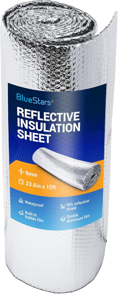Roll of 6mm bubble reflective aluminum foil insulation sheet with product label.