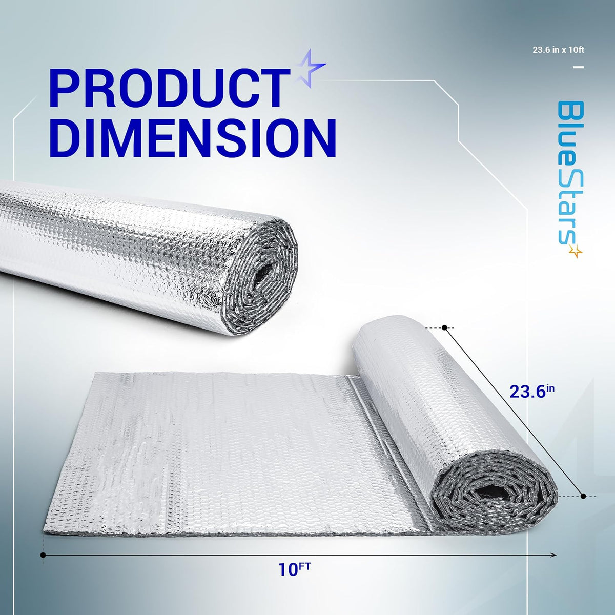 Infographic showing dimensions of 6mm bubble reflective aluminum foil sheet roll measuring 23.6 inches by 10 feet.