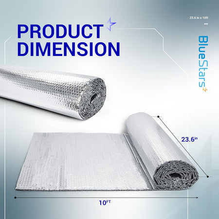 Infographic showing dimensions of 6mm bubble reflective aluminum foil sheet roll measuring 23.6 inches by 10 feet.