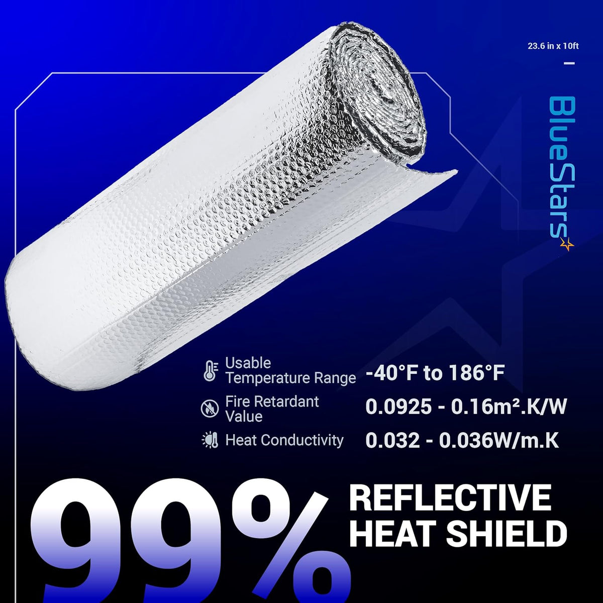 Roll of 6mm bubble reflective aluminum foil insulation sheet with technical specifications and heat shield details.