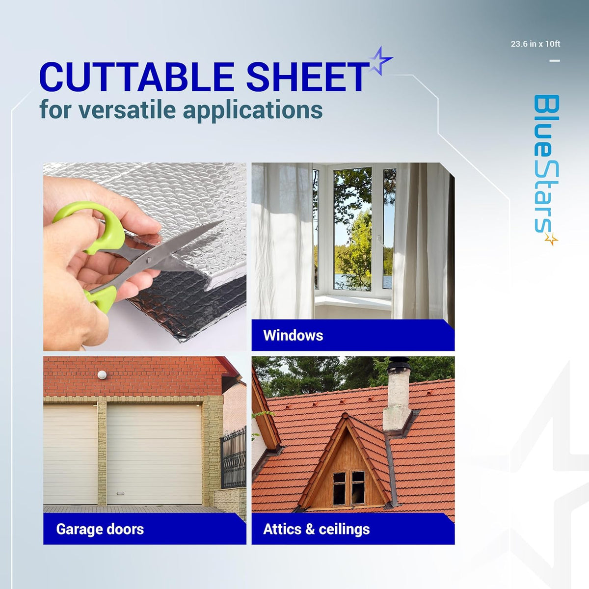 Infographic showing 6mm bubble reflective aluminum foil sheet being cut for use on windows, garage doors, and attics.