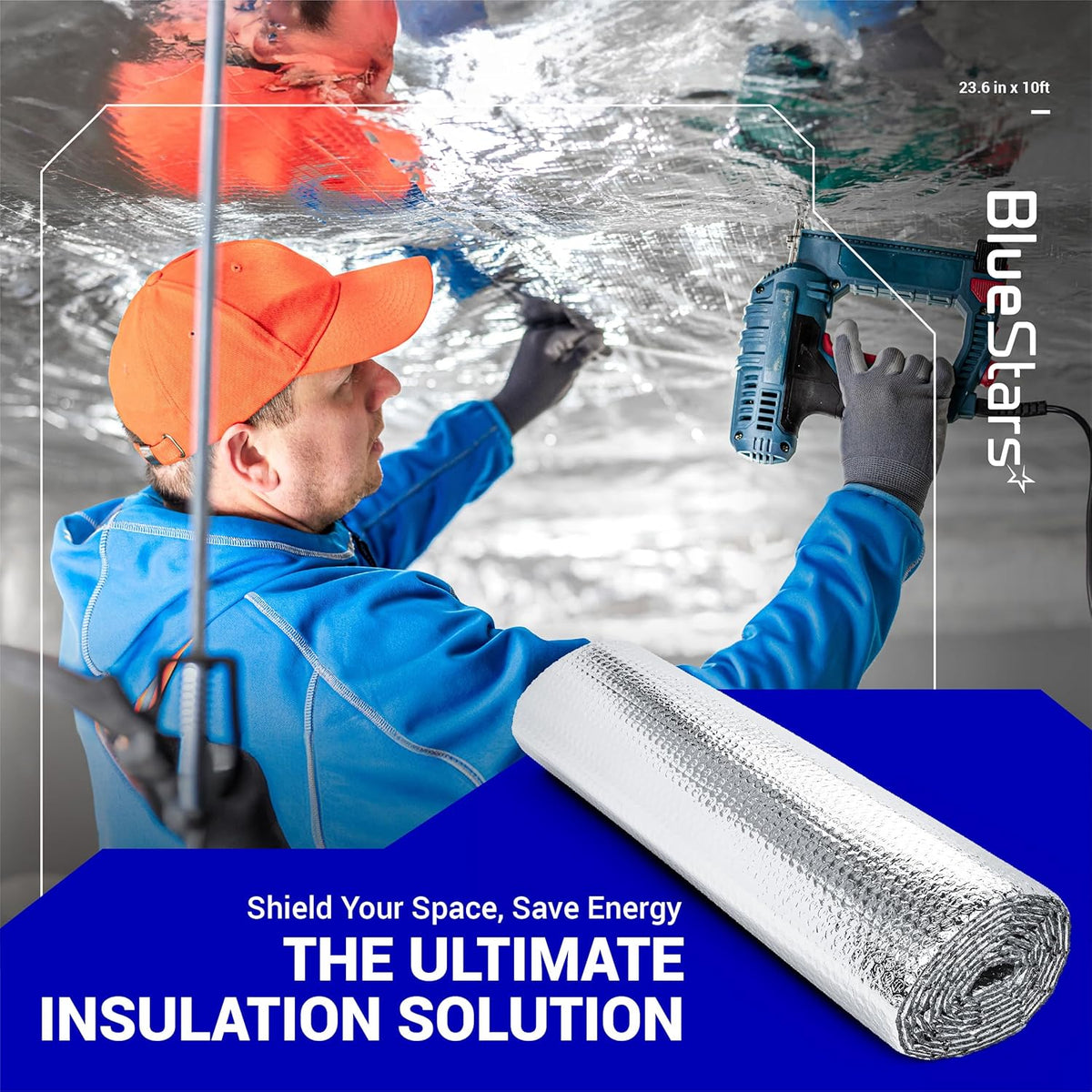Worker installing 6mm bubble reflective aluminum foil insulation sheet on a ceiling.