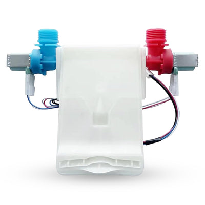 W10683603 washer water inlet valve with blue and red ports and attached wiring harness.