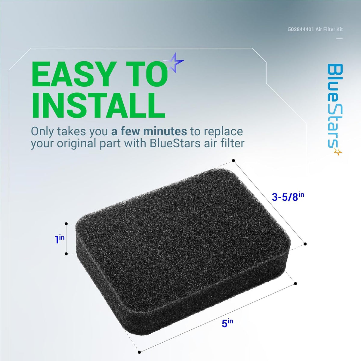 502844401 foam air filter for leaf blowers with dimensions 5 x 3-5/8 x 1 inches shown in an installation guide graphic.