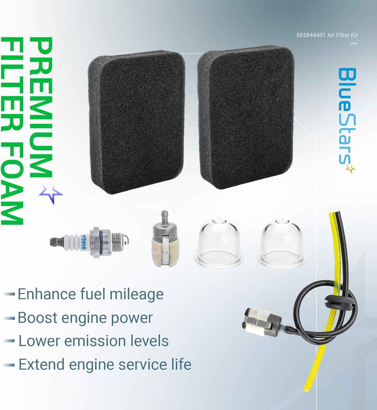 502844401 air filter tune-up kit with foam filters, spark plug, primer bulbs, and fuel line for leaf blowers.