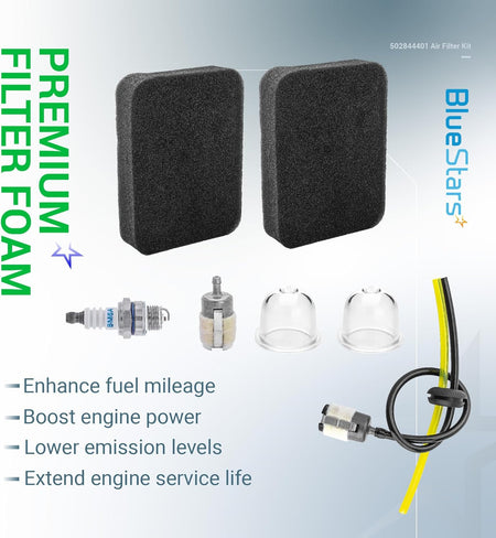 502844401 air filter tune-up kit with foam filters, spark plug, primer bulbs, and fuel line for leaf blowers.