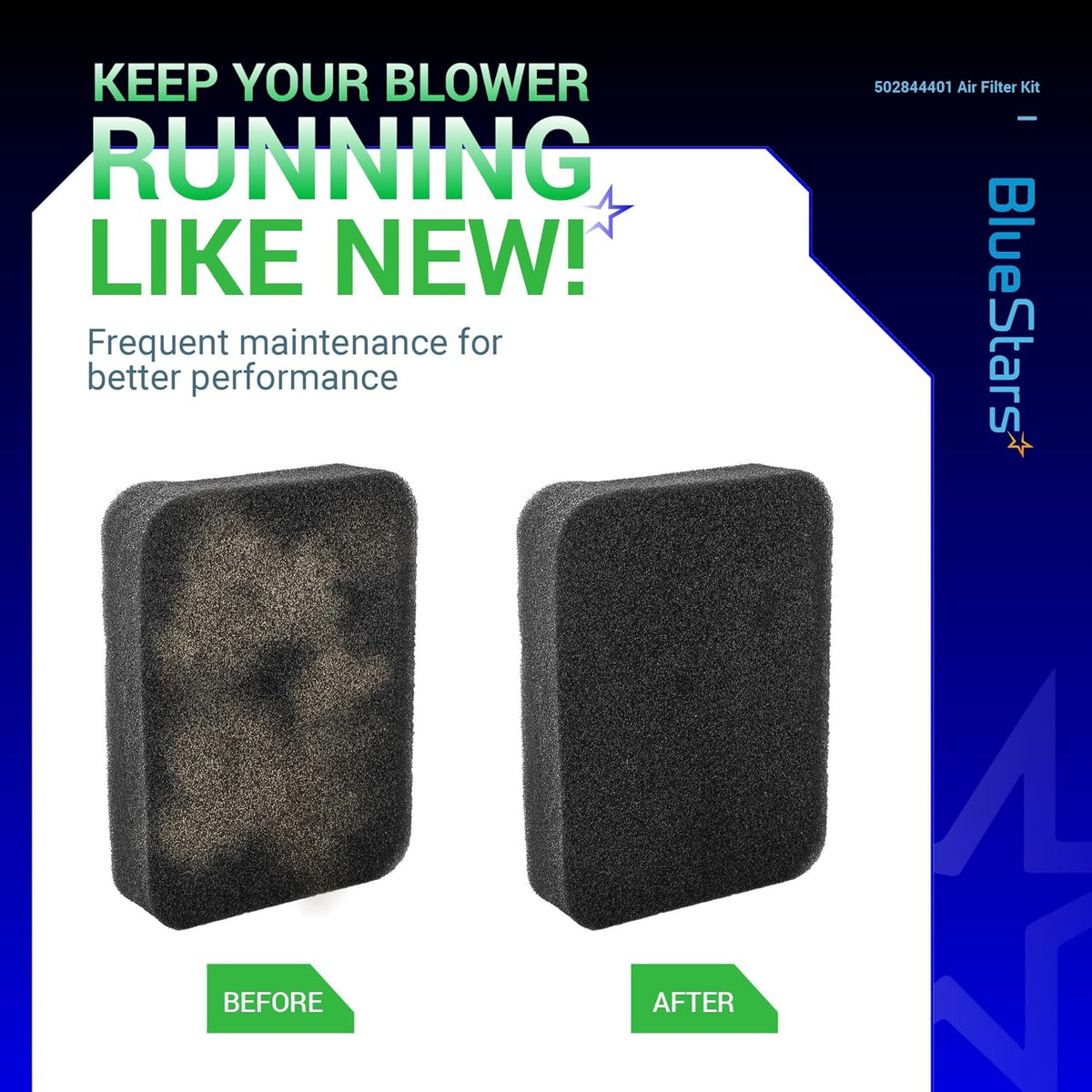 502844401 air filter comparison showing dirty before and clean after foam filters for Husqvarna and Redmax leaf blowers.