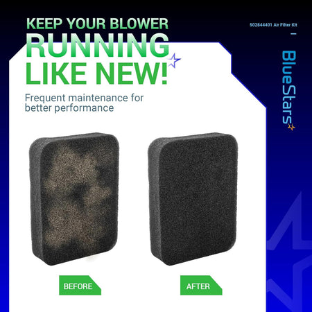 502844401 air filter comparison showing dirty before and clean after foam filters for Husqvarna and Redmax leaf blowers.