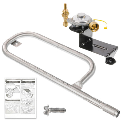 Replacement gas valve regulator, 17-inch burner tube, and installation instructions for Weber Q grills.