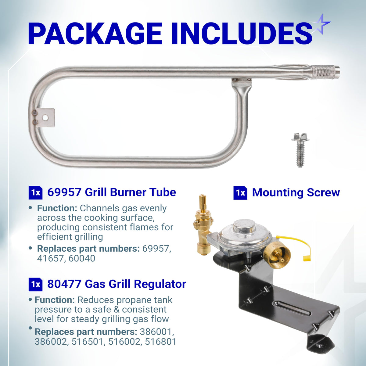 Weber Q grill replacement kit including 69957 burner tube, 80477 gas regulator, and mounting screw.