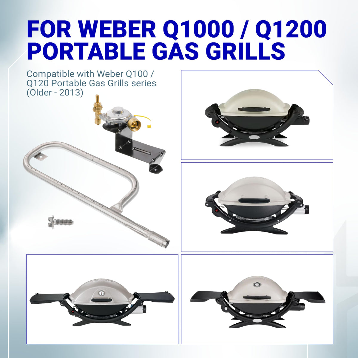 Replacement regulator and burner tube kit for Weber Q1000, Q1200, Q100, and Q120 portable gas grills.