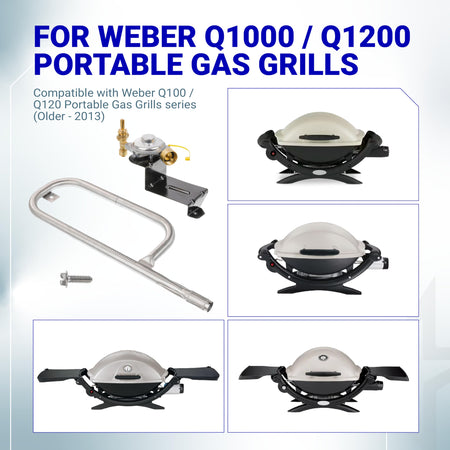 Replacement regulator and burner tube kit for Weber Q1000, Q1200, Q100, and Q120 portable gas grills.