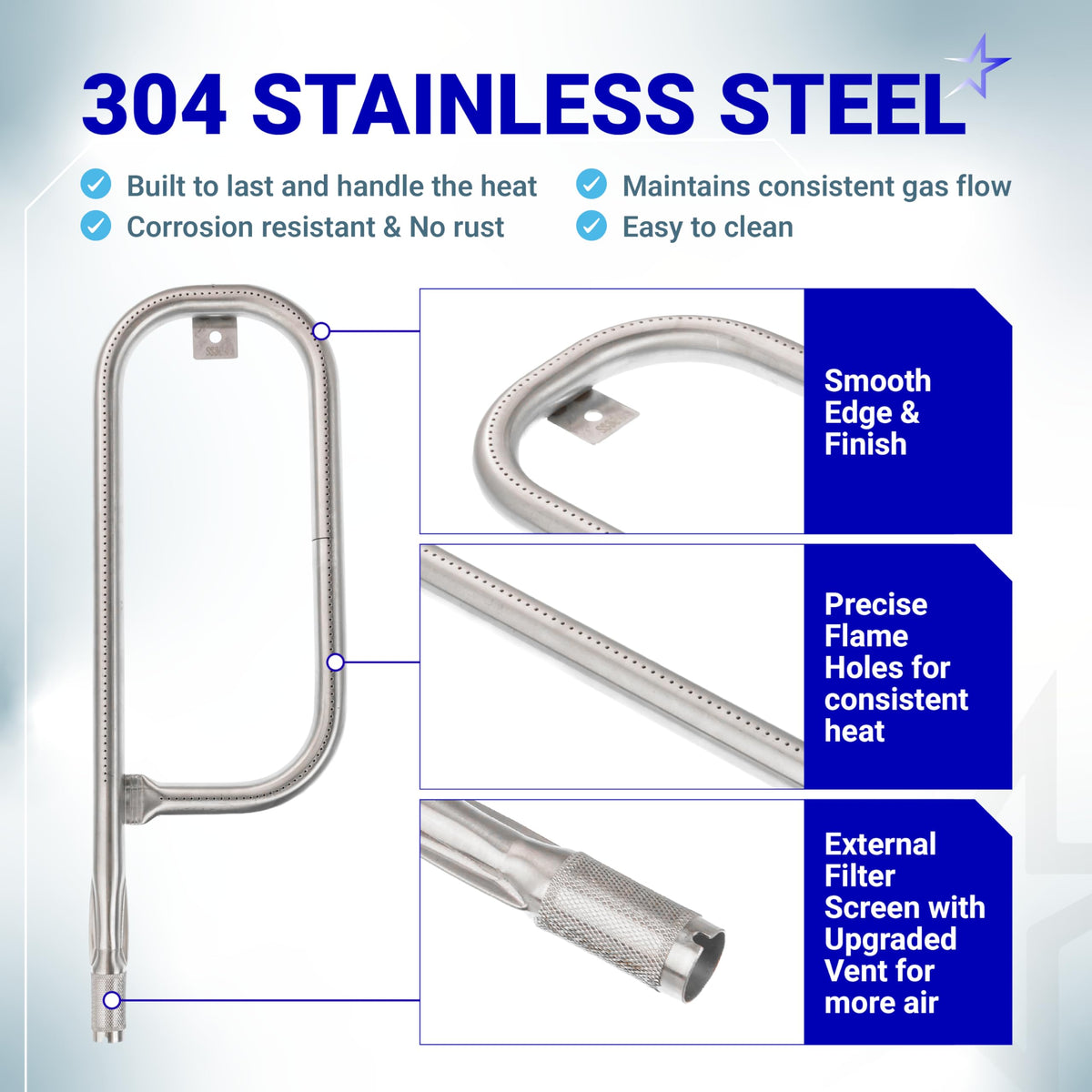 Infographic showing 304 stainless steel 17-inch burner tube features for Weber Q grill with close-up detail shots.