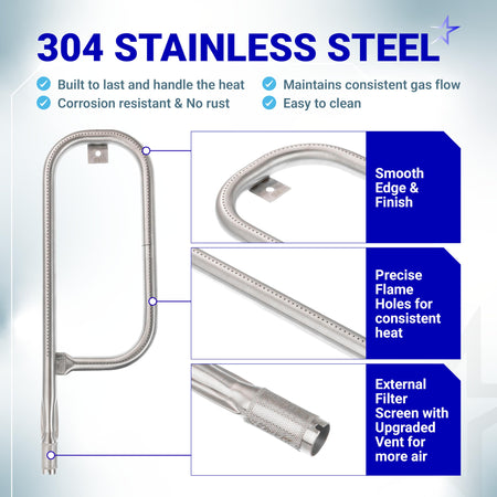 Infographic showing 304 stainless steel 17-inch burner tube features for Weber Q grill with close-up detail shots.
