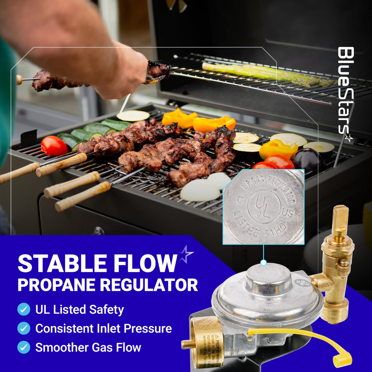 Gas valve regulator for Weber Q grill with UL listed safety certification and stable propane flow.