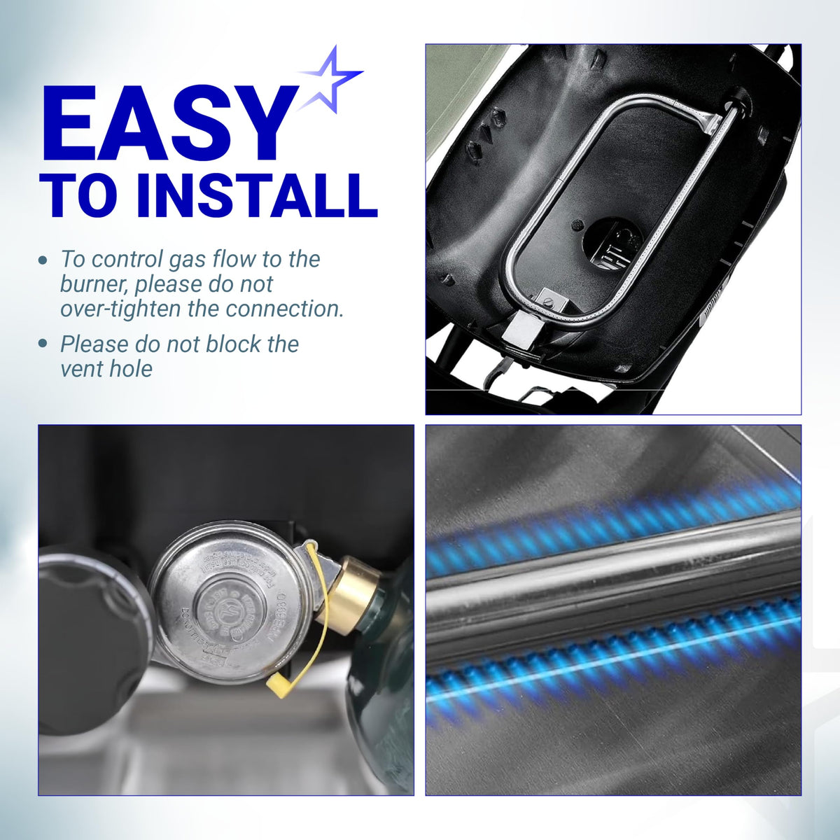 Installation guide for Weber Q grill burner tube and gas valve regulator with tips for proper connection.