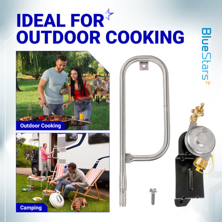 Replacement burner tube and gas valve regulator kit for Weber Q grills with lifestyle images for outdoor cooking.