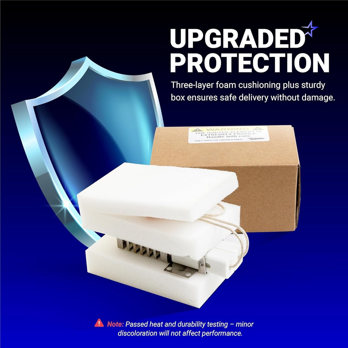 AP5315579 gas range oven igniter packaged in protective foam and shipping box for safe delivery.