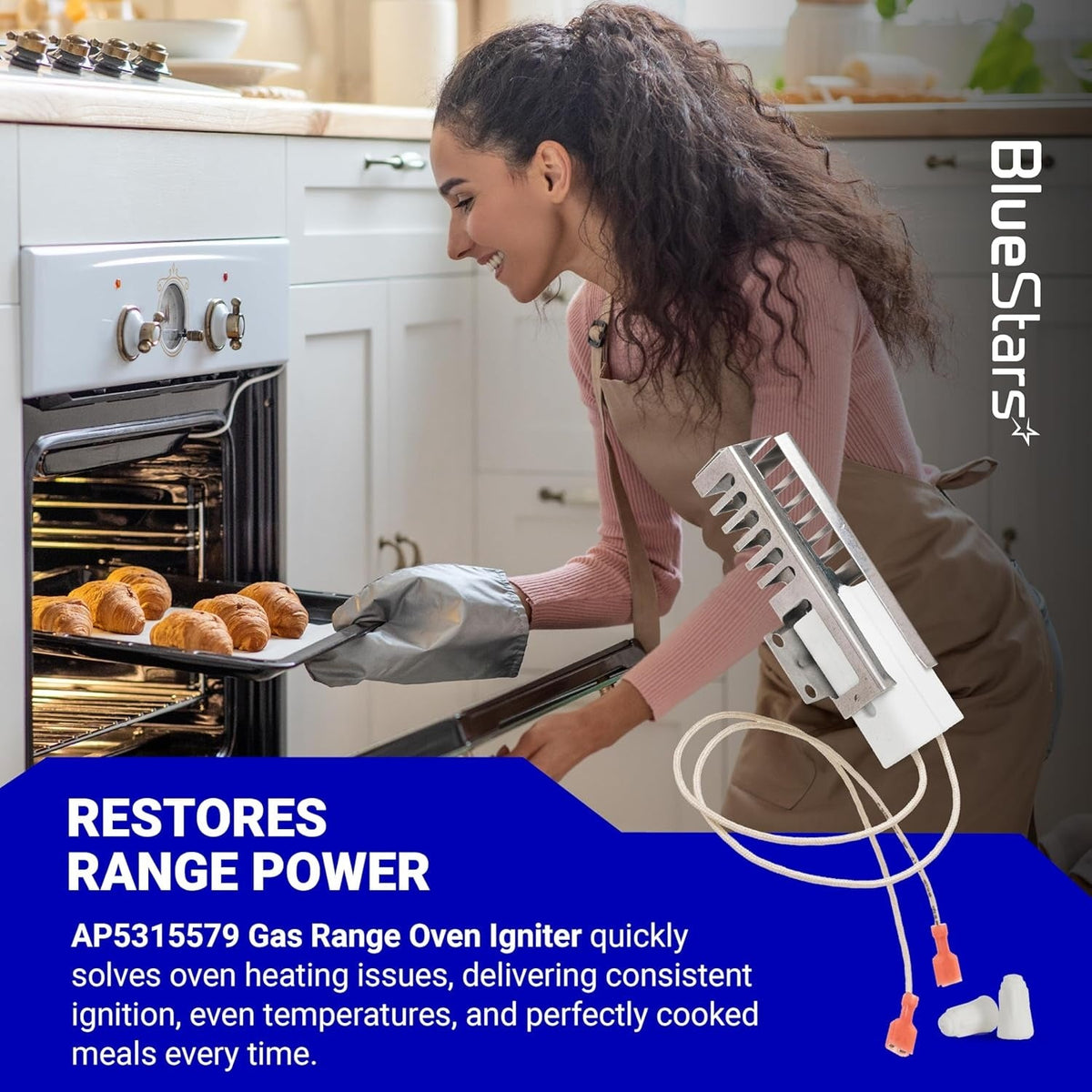 AP5315579 gas range oven igniter replacement part for Viking ovens shown with ceramic nuts and wiring.