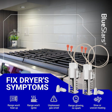 Two AP5315579 gas range oven igniters with ceramic nuts shown in an informational graphic for troubleshooting range issues.