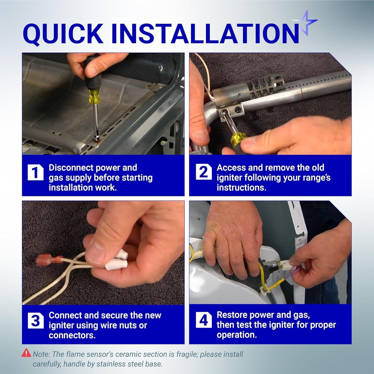 Four-step visual guide showing the installation process for an AP5315579 gas range oven igniter.