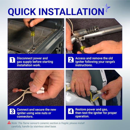Four-step visual guide showing the installation process for an AP5315579 gas range oven igniter.