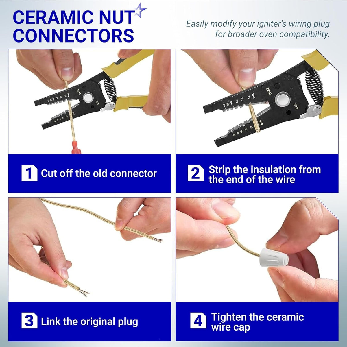 Instructional graphic showing how to install ceramic wire nuts on a Viking gas range oven igniter.