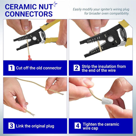 Instructional graphic showing how to install ceramic wire nuts on a Viking gas range oven igniter.