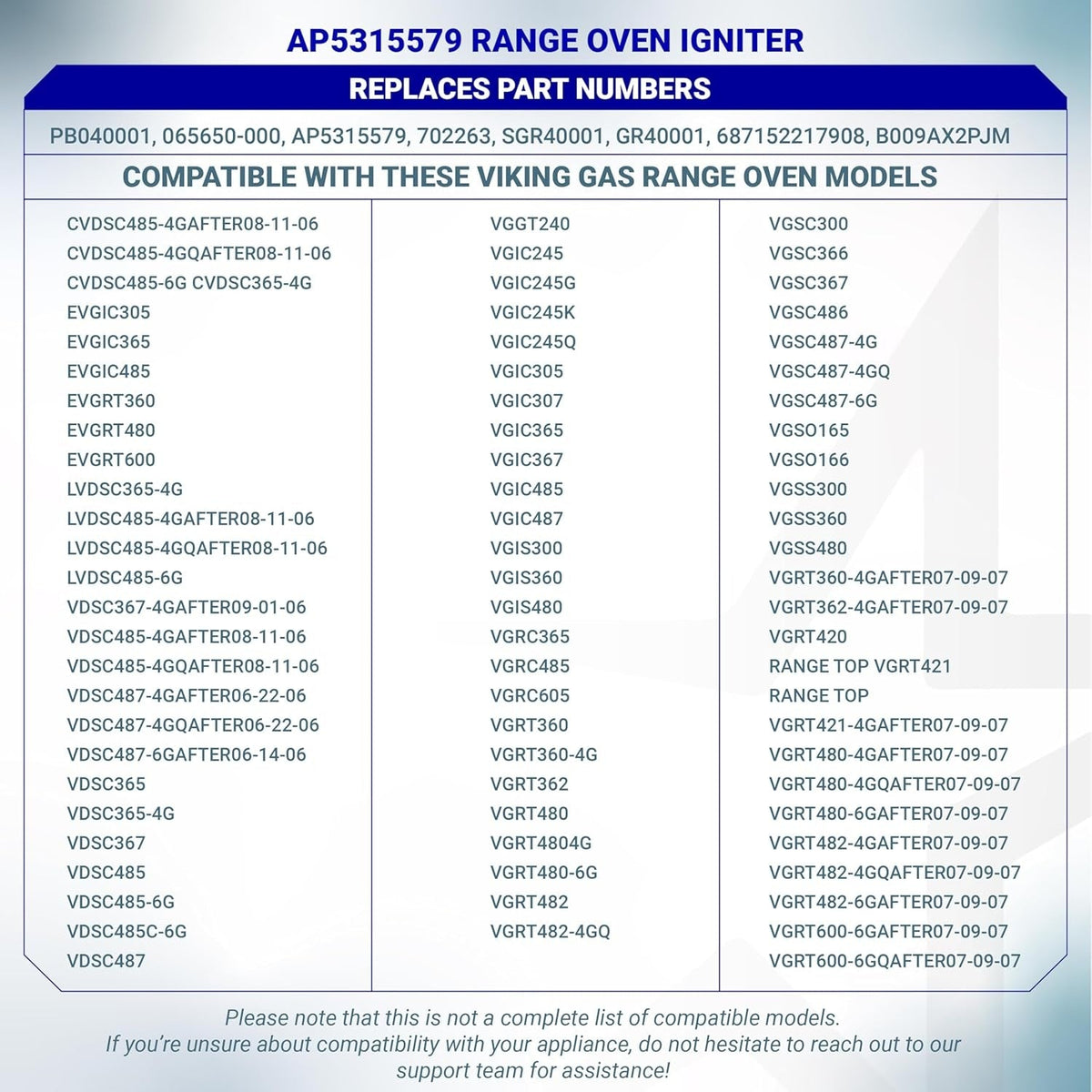 Compatibility chart for AP5315579 gas range oven igniter listing replacement part numbers and Viking oven models.