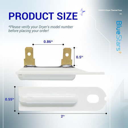 Dimensional diagram showing the size and measurements of the 3392519 dryer thermal fuse.