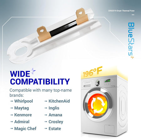 3392519 dryer thermal fuse replacement part with compatibility list and dryer illustration.