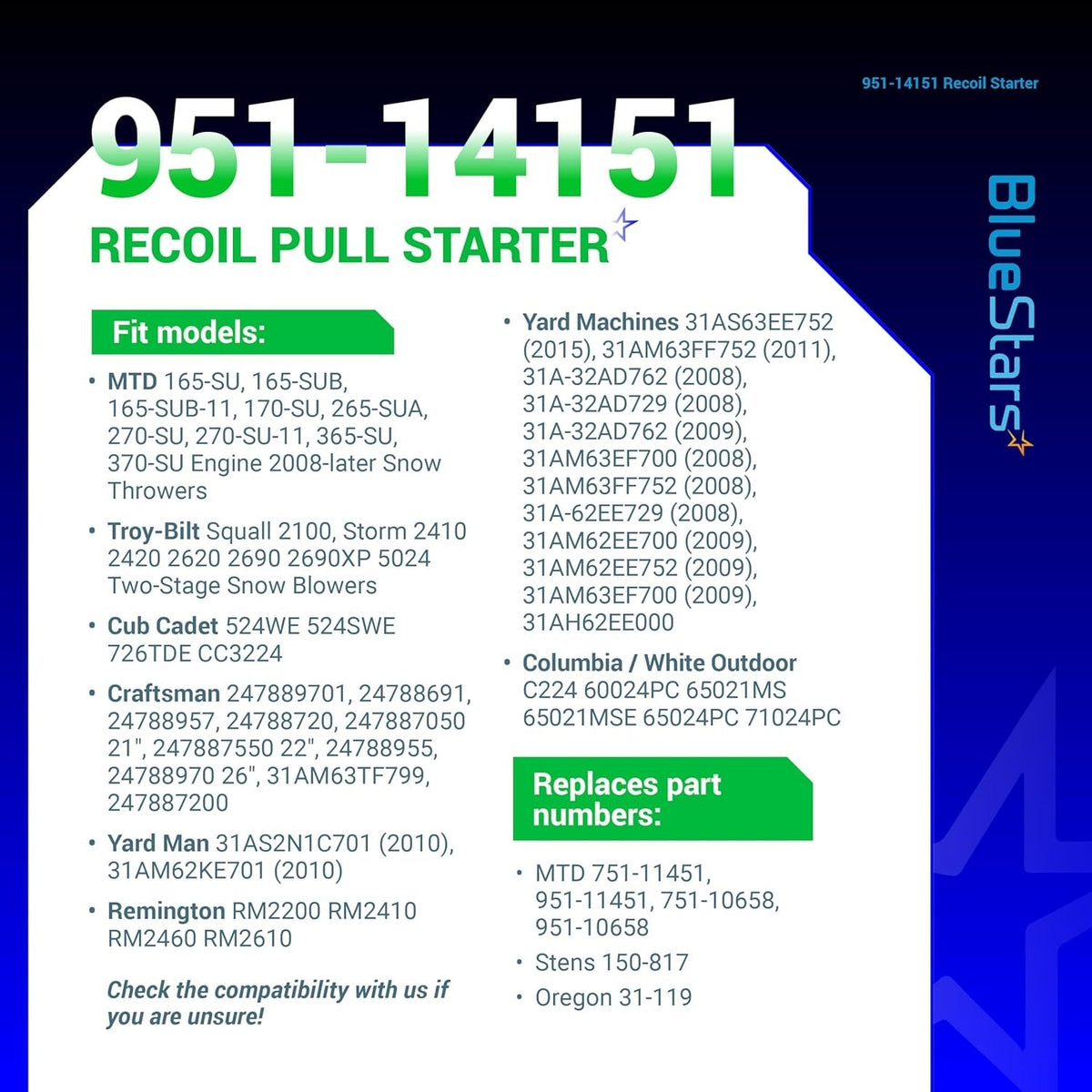 Compatibility chart for 951-14151 recoil pull starter listing fit models and replacement part numbers.