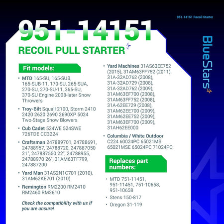 Compatibility chart for 951-14151 recoil pull starter listing fit models and replacement part numbers.