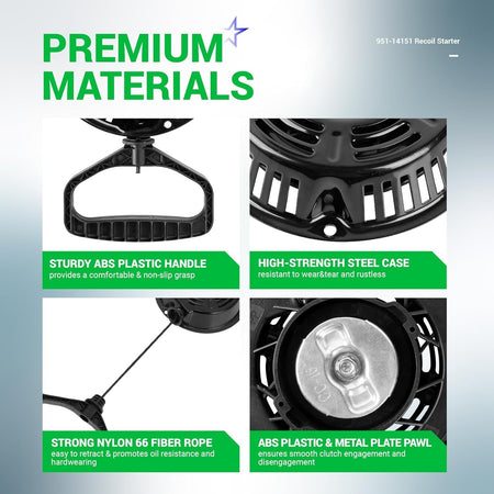 Infographic showing premium material features of the 951-14151 recoil starter including handle, steel case, rope, and pawl.