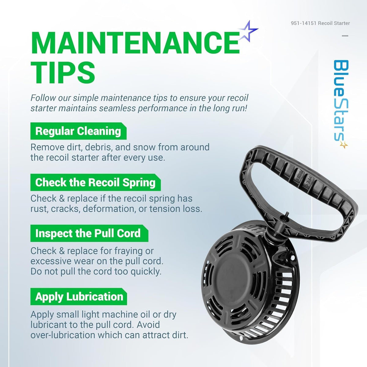 951-14151 Recoil Starter maintenance tips infographic with product image.
