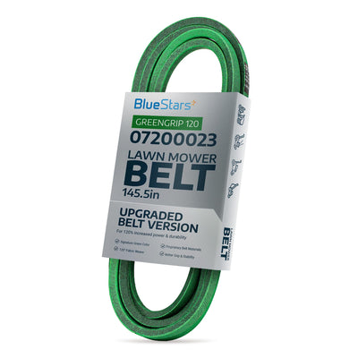 07200023 green lawn mower deck belt in BlueStars packaging for 52-inch Ariens and Gravely mowers.
